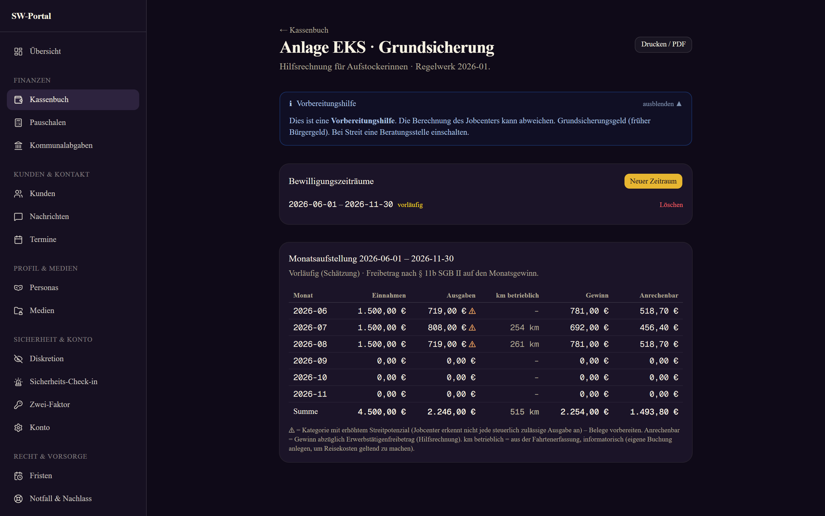 Anlage EKS / Grundsicherung mit Monatsaufstellung