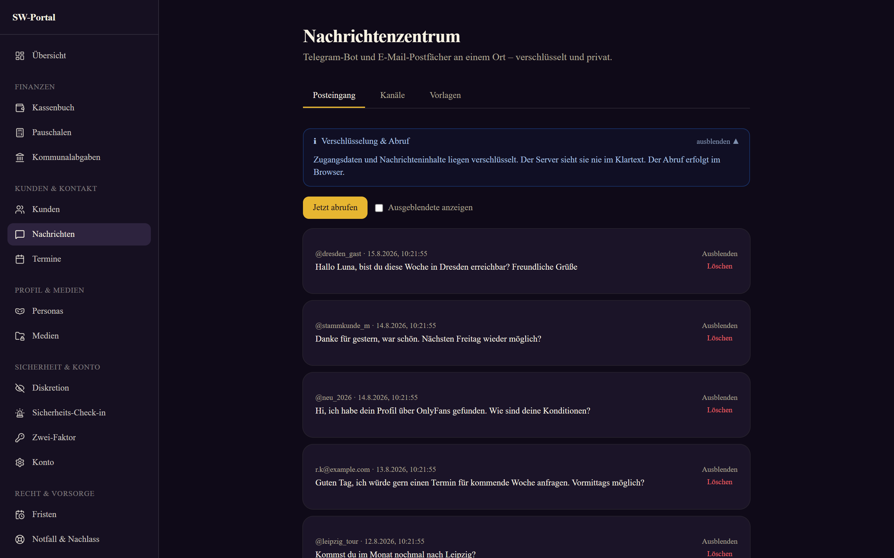 Nachrichtenzentrum mit Telegram- und E-Mail-Nachrichten